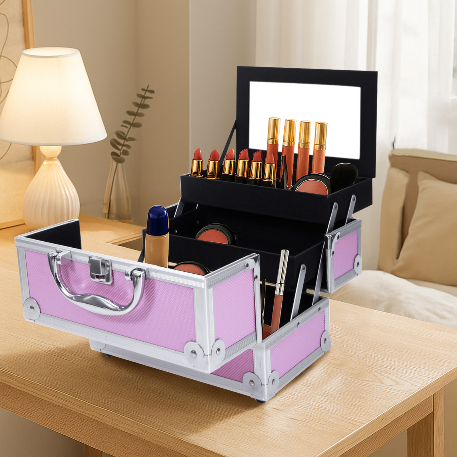 Pink Aluminum Alloy Makeup Cas - Women Accessories Organizer ulasan dan harga